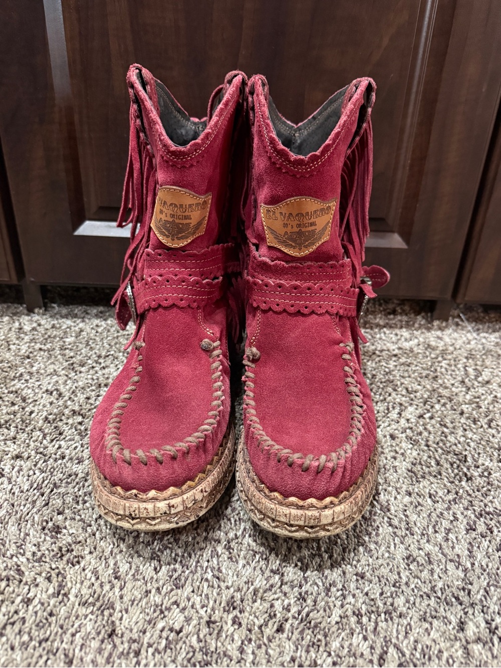 El Vaquero Moccasin Boots Burgundy Suede Fringe Wedge Booties Ayra Silverstone - Picture 2 of 7